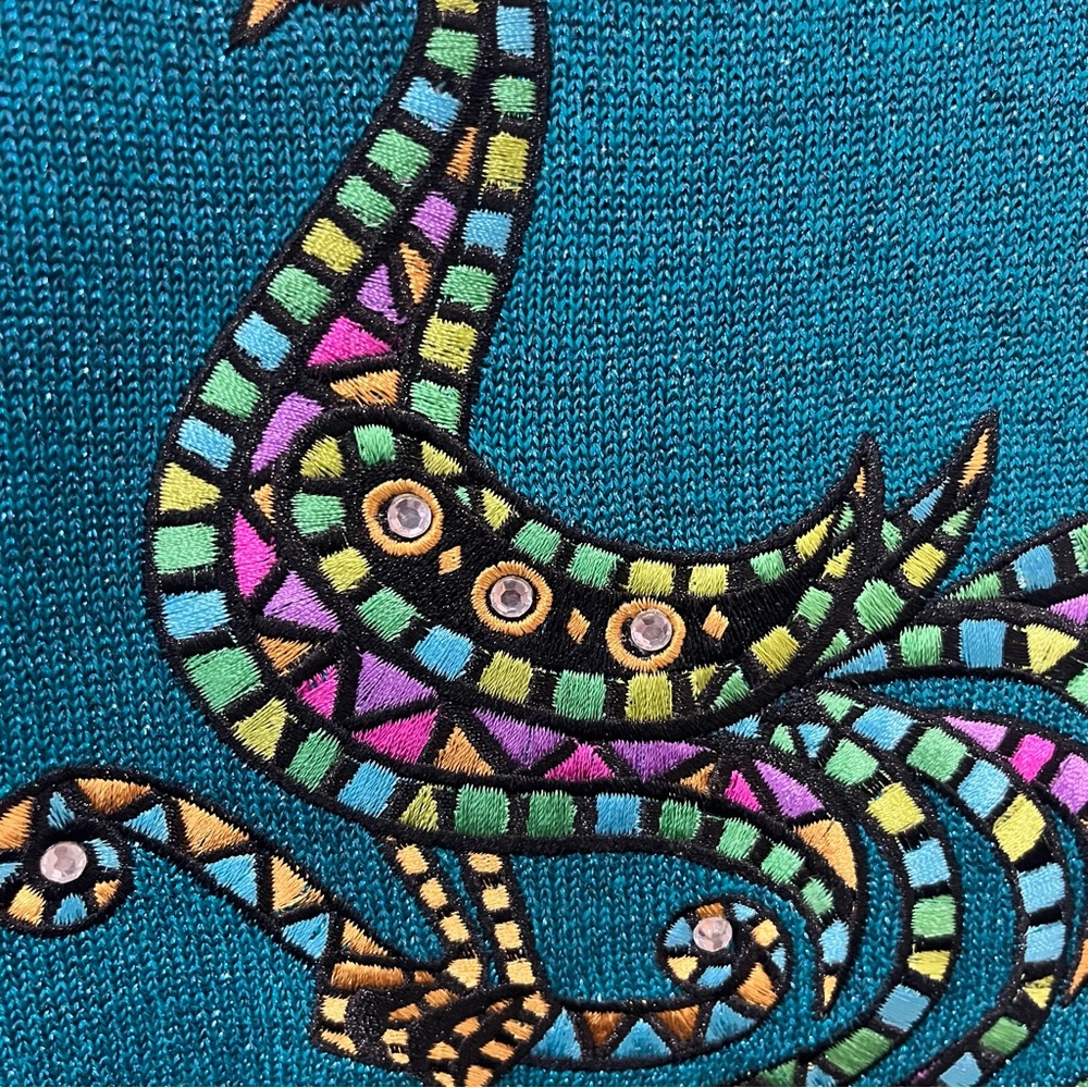 Bob Mackie Wearable Art Teal Metallic Shimmering Sweater Peacock Embroidered SM - Picture 5 of 8